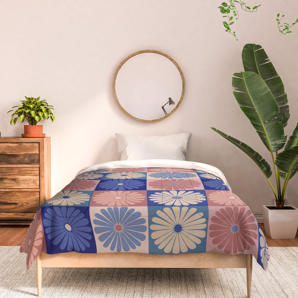 Colour Poems Checker Daisies II Blue Pink Comforter