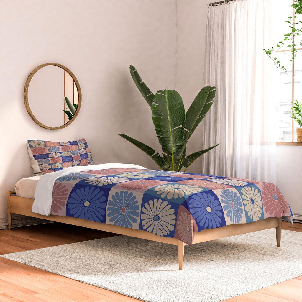 Colour Poems Checker Daisies II Blue Pink Comforter