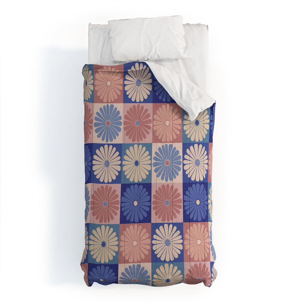 Colour Poems Checker Daisies II Blue Pink Comforter