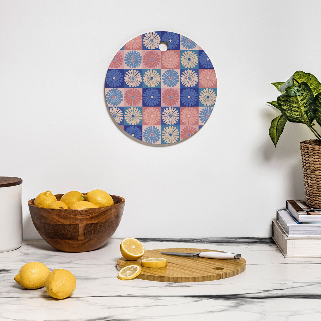 Colour Poems Checker Daisies II Blue Pink Cutting Board Round