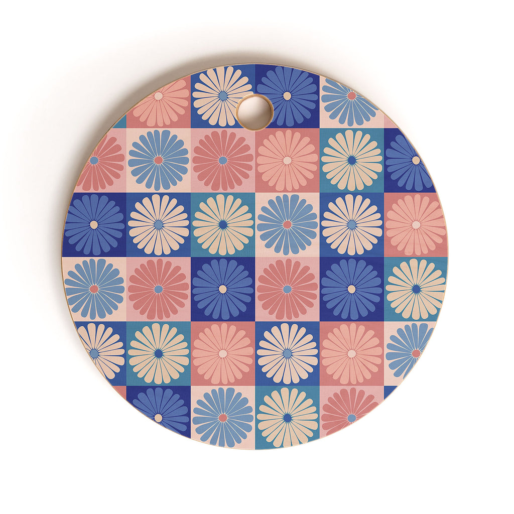 Colour Poems Checker Daisies II Blue Pink Cutting Board Round