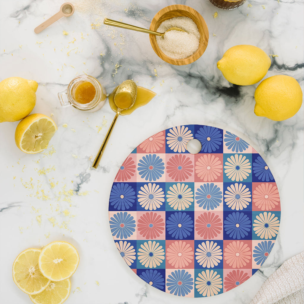 Colour Poems Checker Daisies II Blue Pink Cutting Board Round
