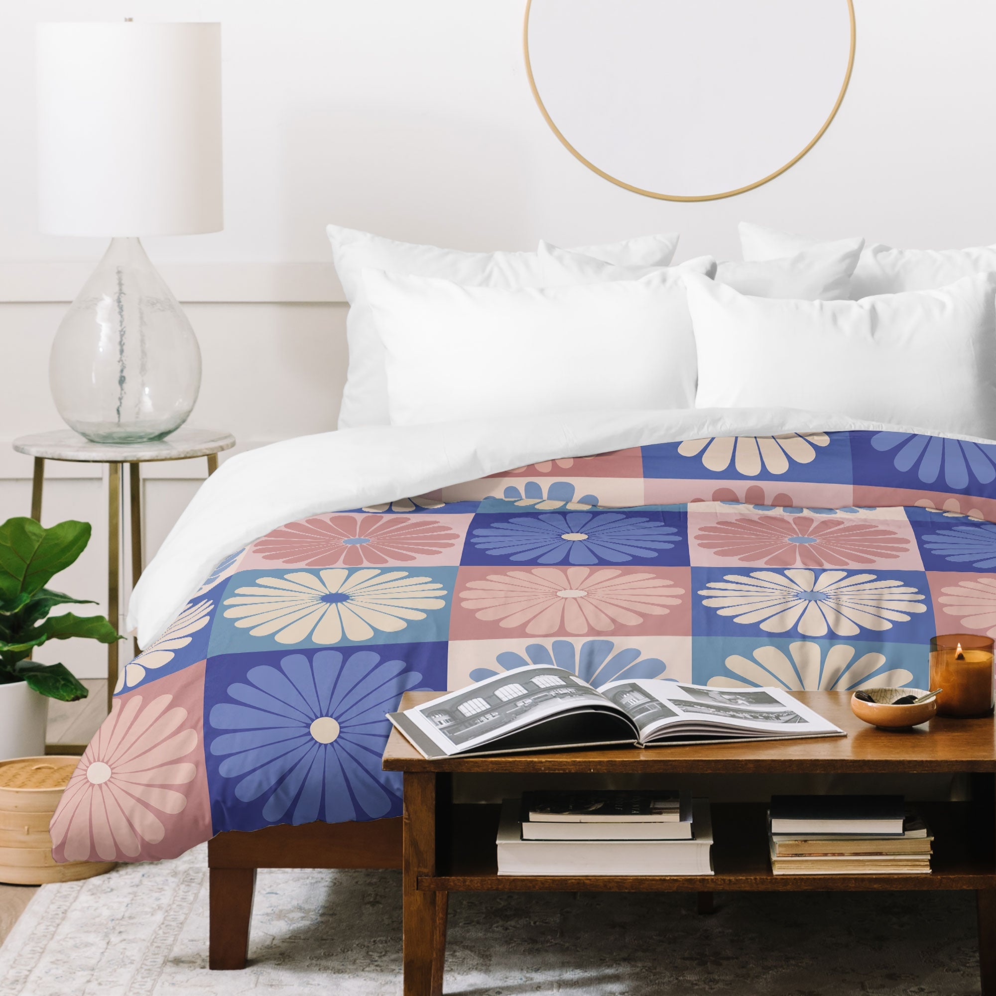 Colour Poems Checker Daisies II Blue Pink Duvet Cover