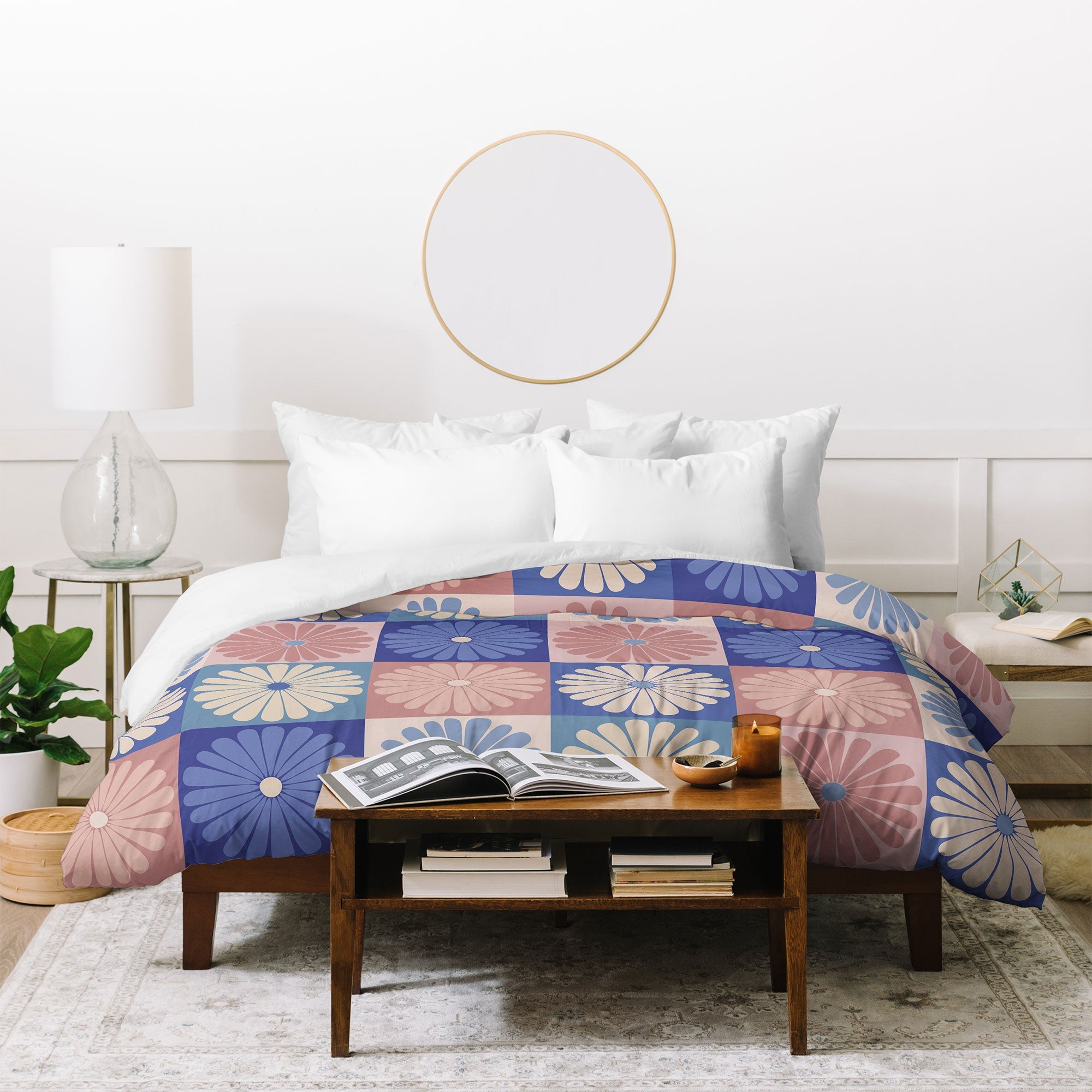 Colour Poems Checker Daisies II Blue Pink Duvet Cover