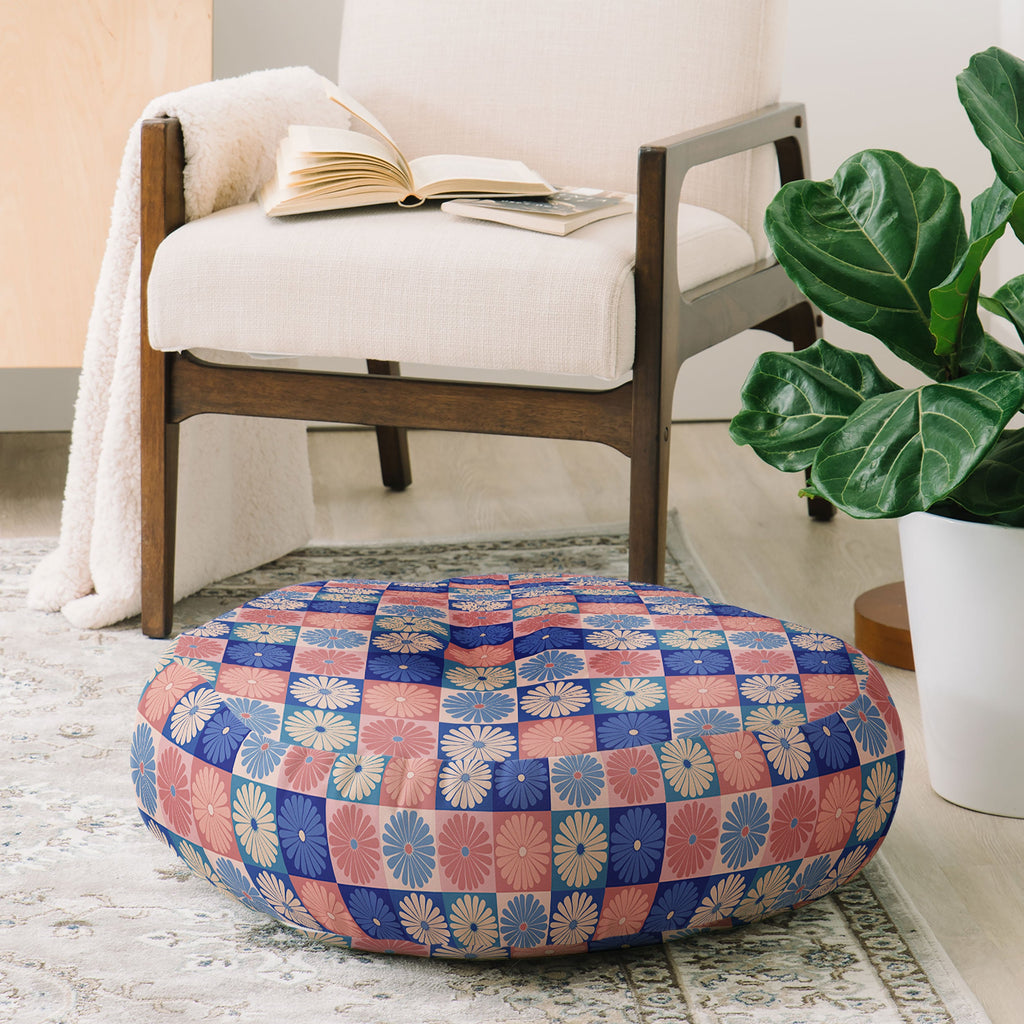 Colour Poems Checker Daisies II Blue Pink Floor Pillow Round