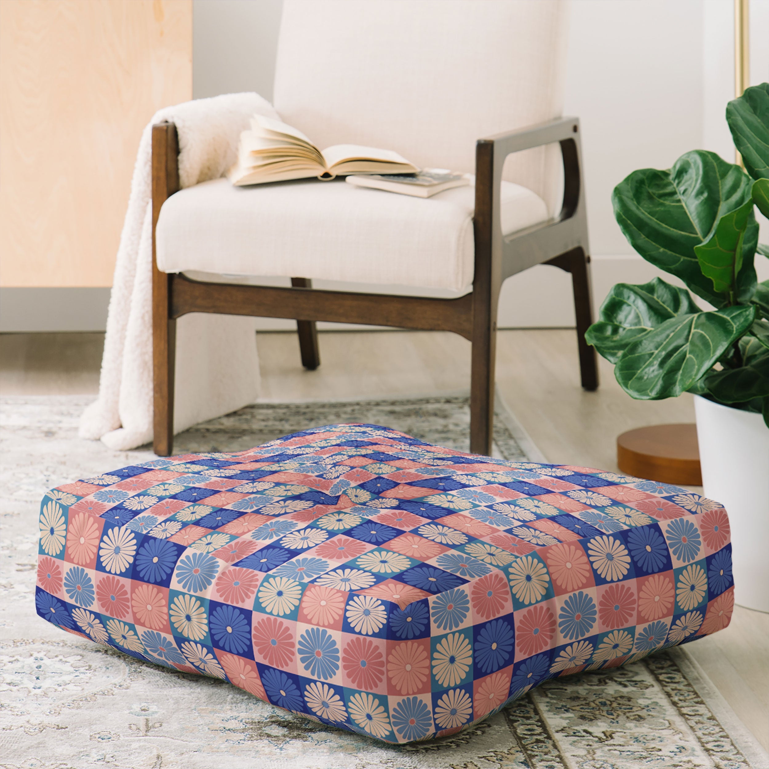 Colour Poems Checker Daisies II Blue Pink Floor Pillow Square