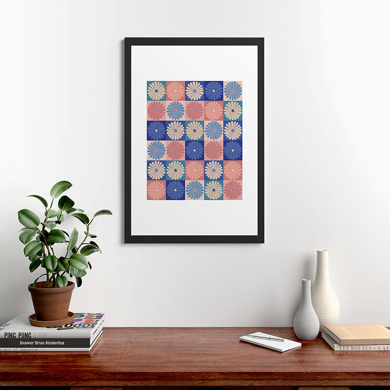 Colour Poems Checker Daisies II Blue Pink Framed Art Print