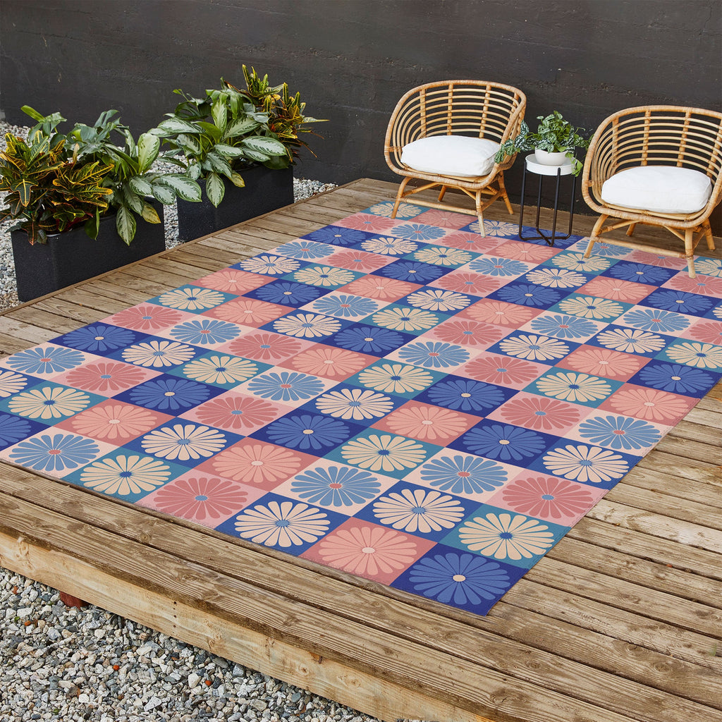 Colour Poems Checker Daisies II Blue Pink Outdoor Rug
