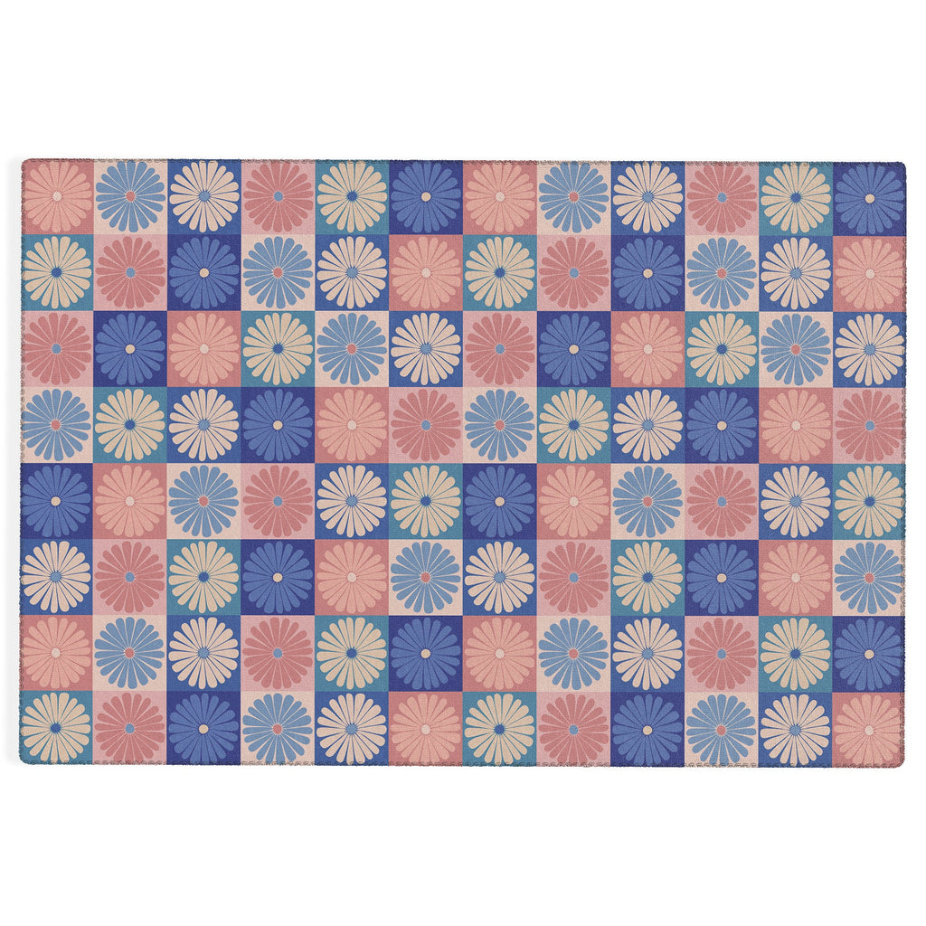 Colour Poems Checker Daisies II Blue Pink Outdoor Rug