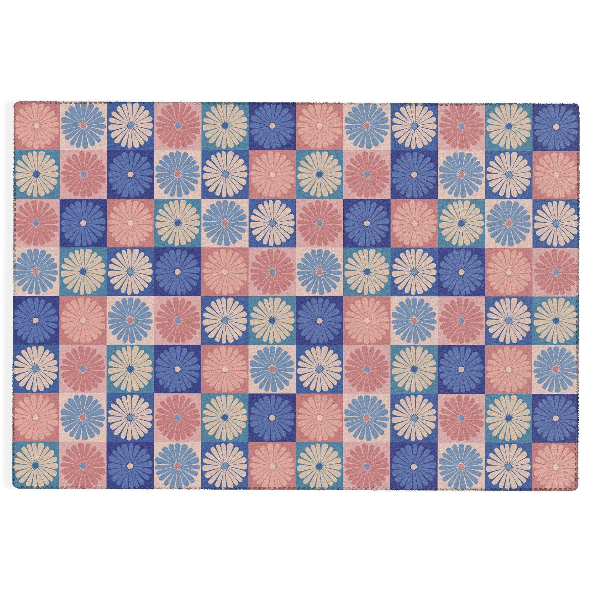 Colour Poems Checker Daisies II Blue Pink Outdoor Rug