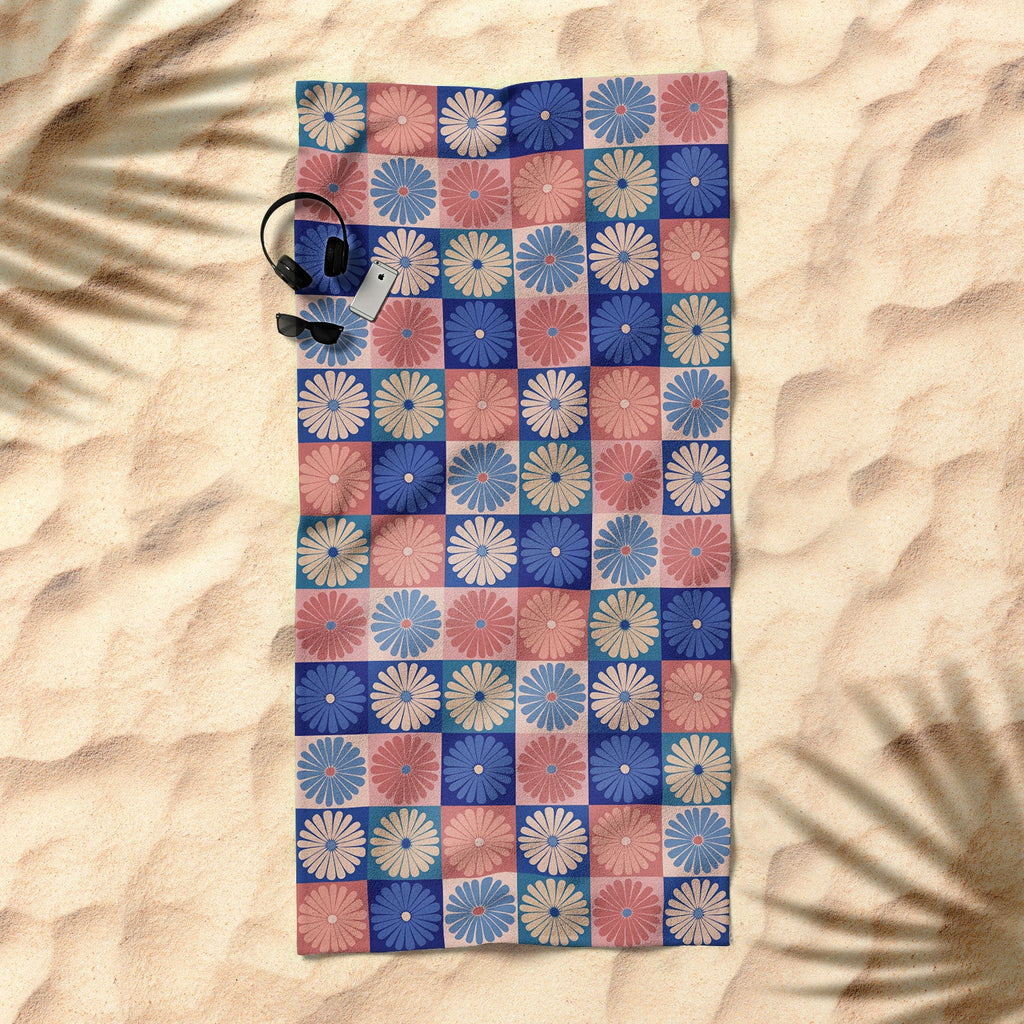 Colour Poems Checker Daisies II Blue Pink Beach Towel
