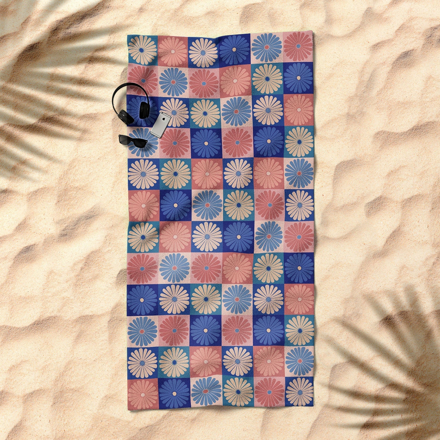 Colour Poems Checker Daisies II Blue Pink Beach Towel