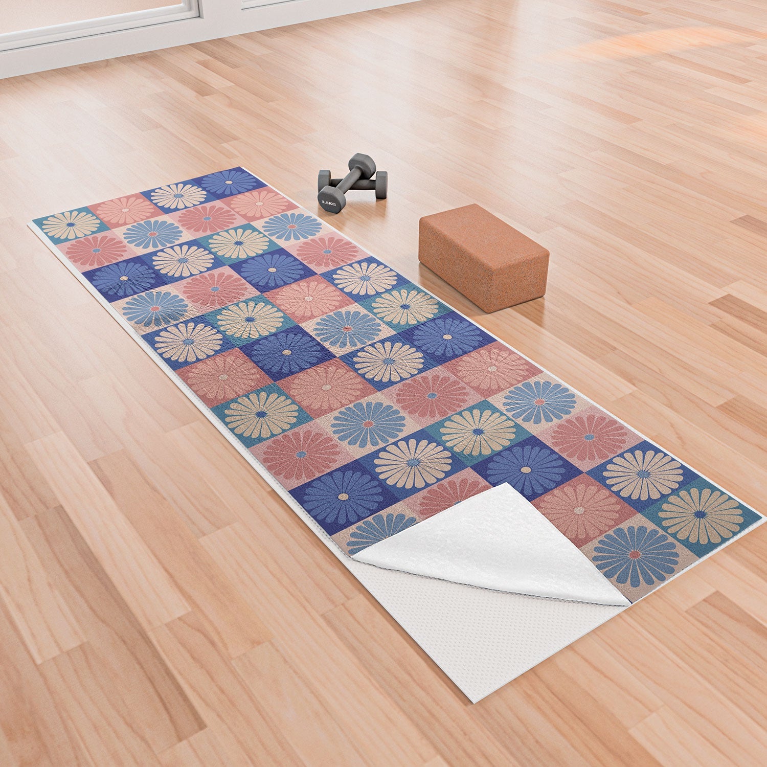 Colour Poems Checker Daisies II Blue Pink Yoga Towel
