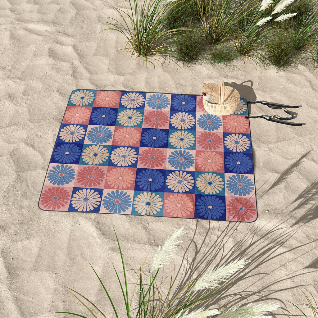 Colour Poems Checker Daisies II Blue Pink Picnic Blanket