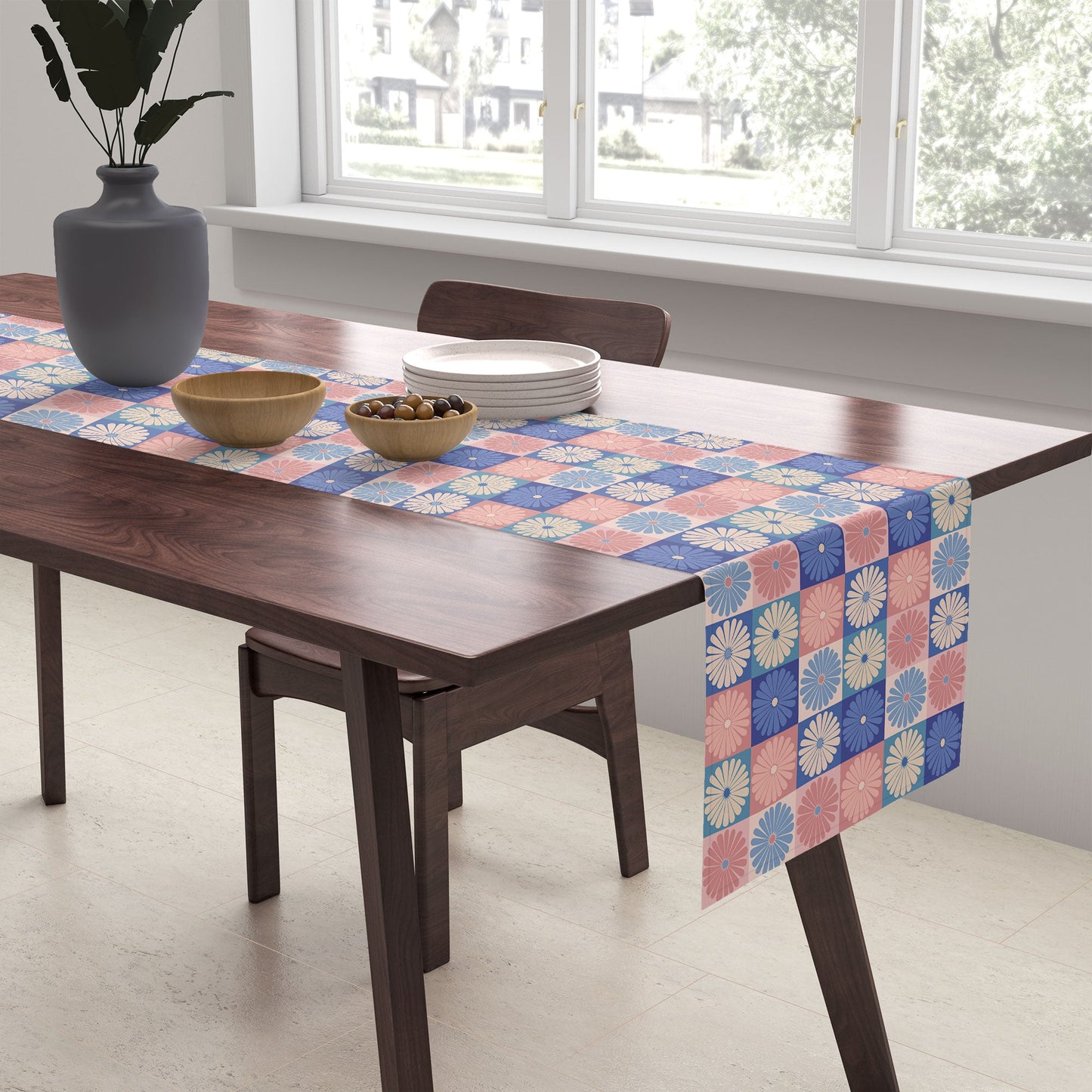 Colour Poems Checker Daisies II Blue Pink Table Runner