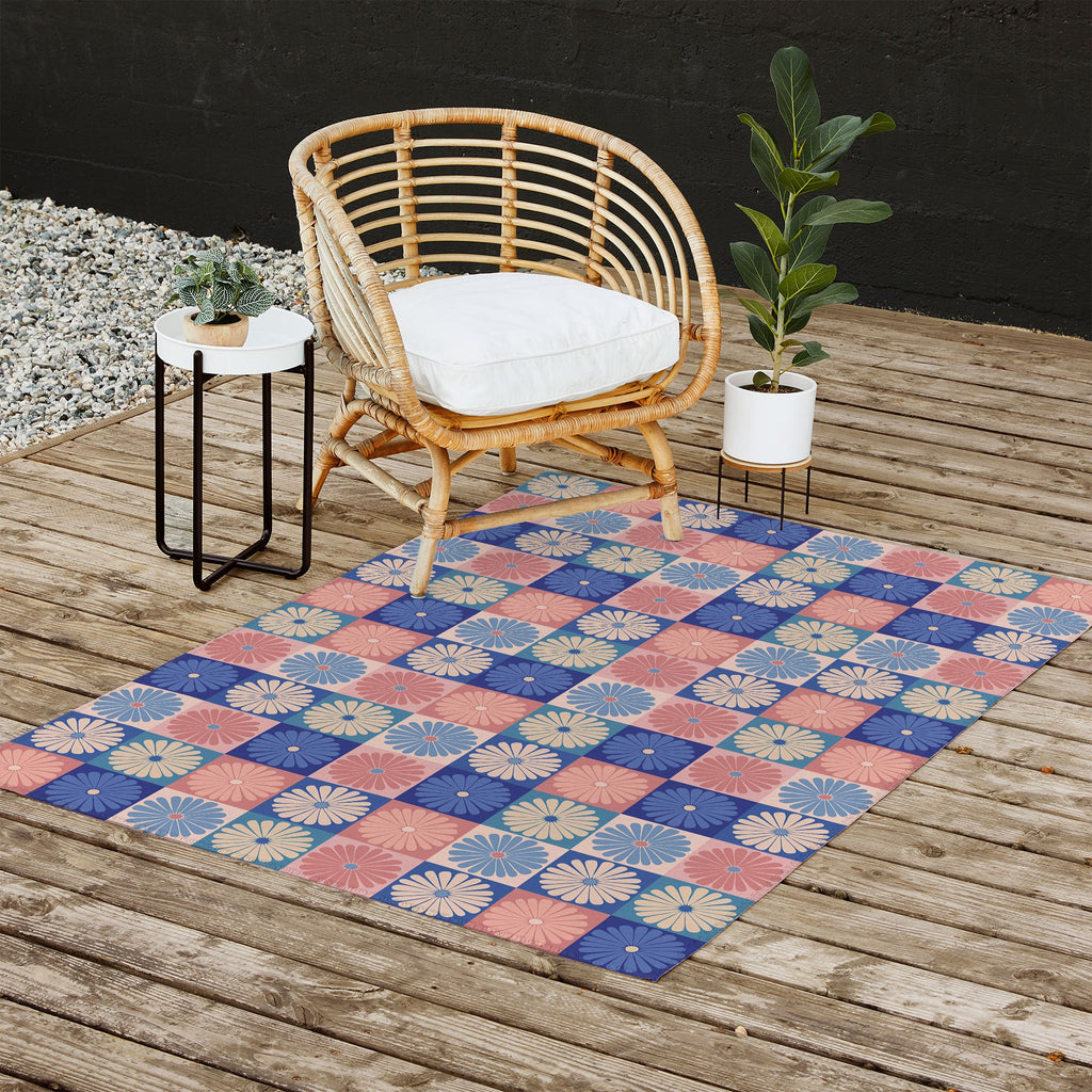 Colour Poems Checker Daisies II Blue Pink Outdoor Rug