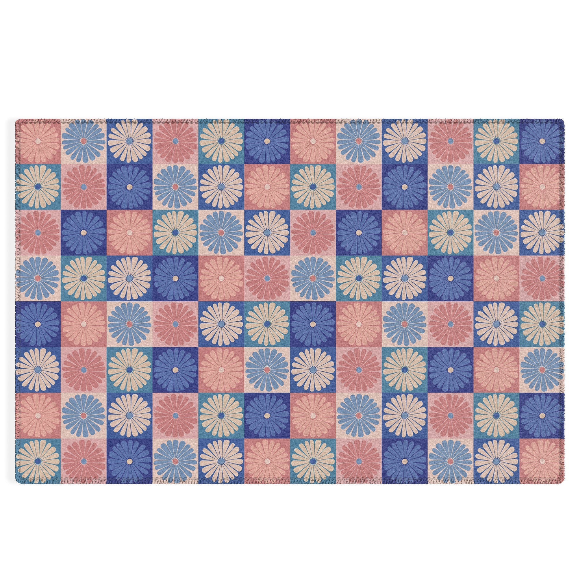Colour Poems Checker Daisies II Blue Pink Outdoor Rug