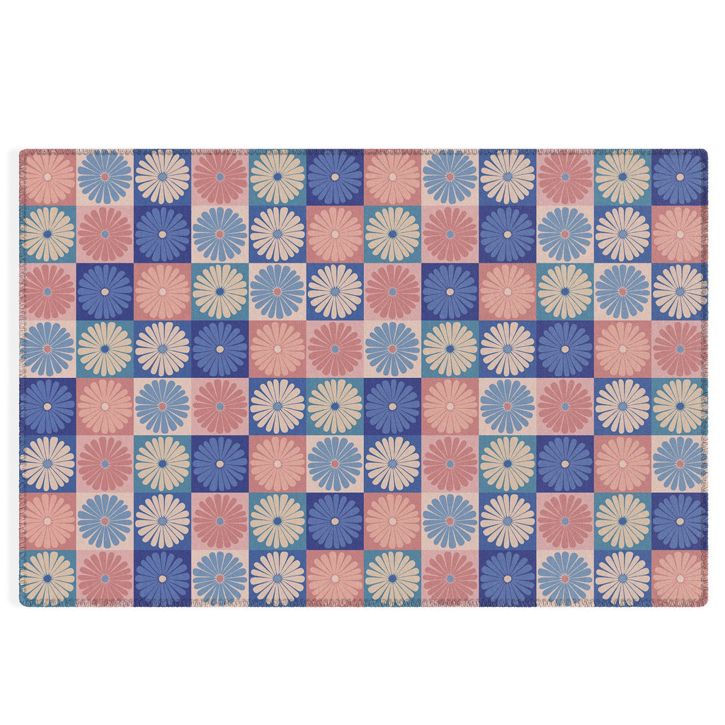 Colour Poems Checker Daisies II Blue Pink Outdoor Rug