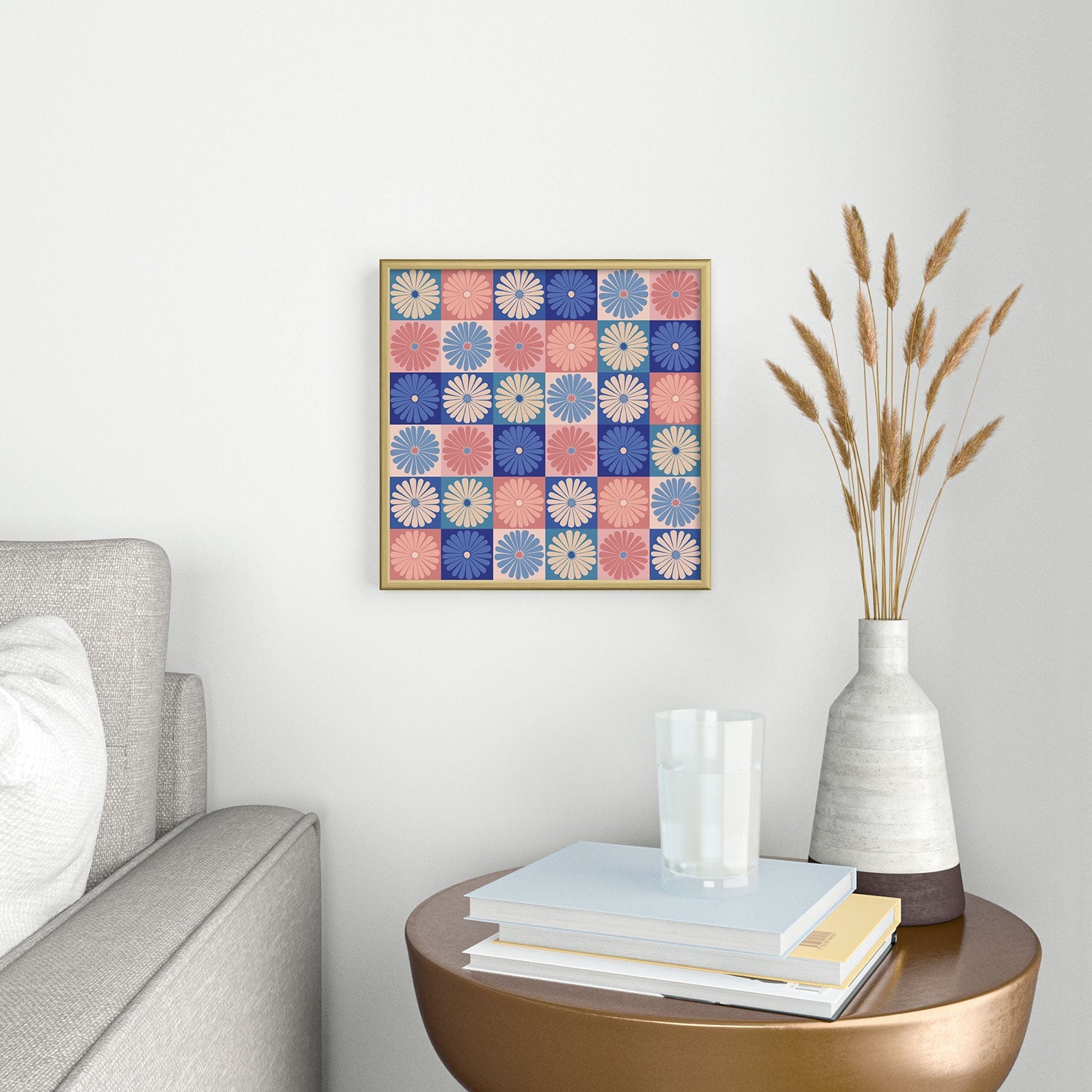 Colour Poems Checker Daisies II Blue Pink Square Metal Framed Art Print