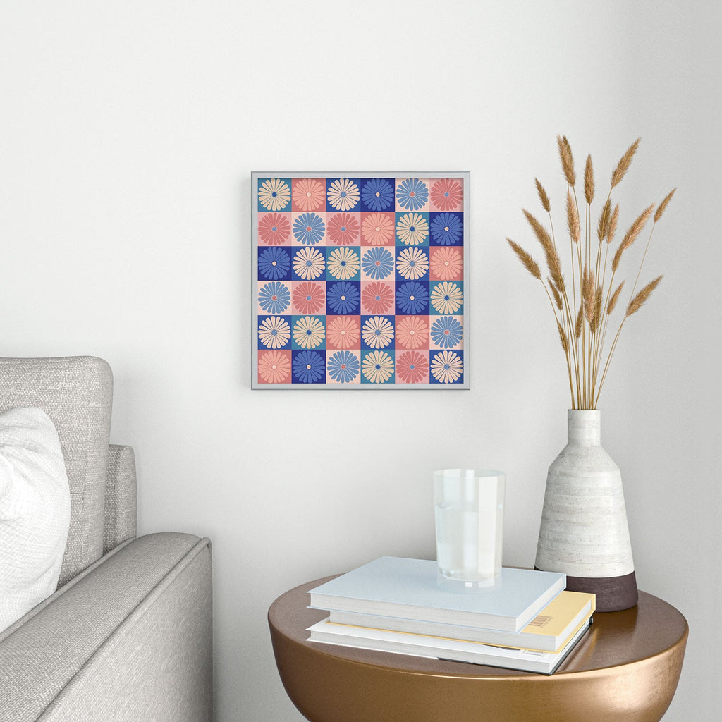 Colour Poems Checker Daisies II Blue Pink Square Metal Framed Art Print