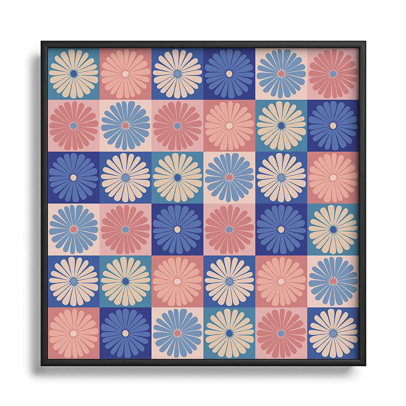 Colour Poems Checker Daisies II Blue Pink Square Metal Framed Art Print