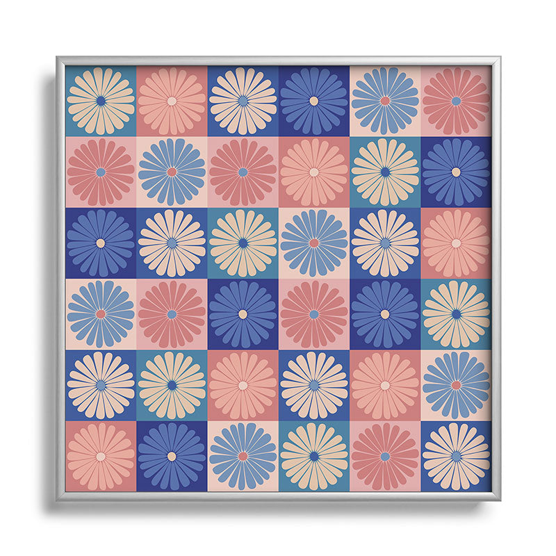 Colour Poems Checker Daisies II Blue Pink Square Metal Framed Art Print