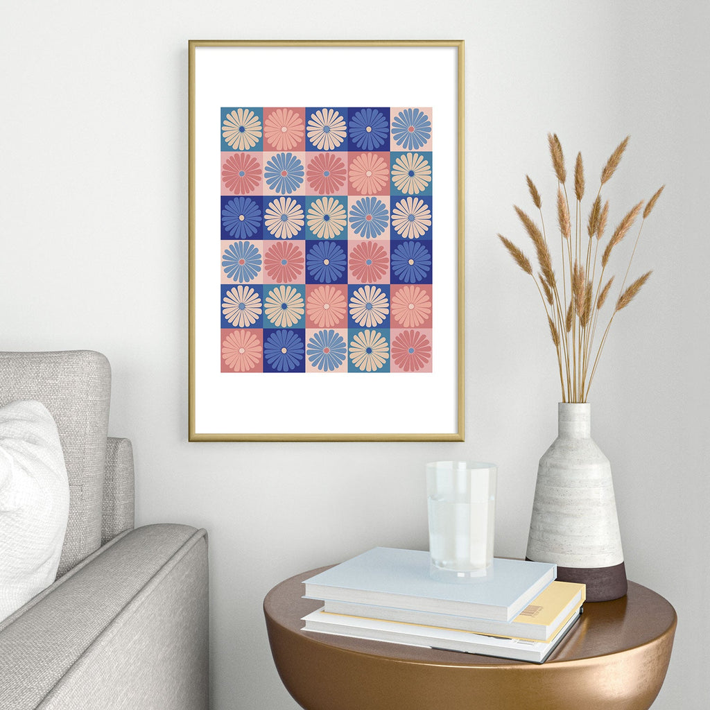 Colour Poems Checker Daisies II Blue Pink Metal Framed Art Print