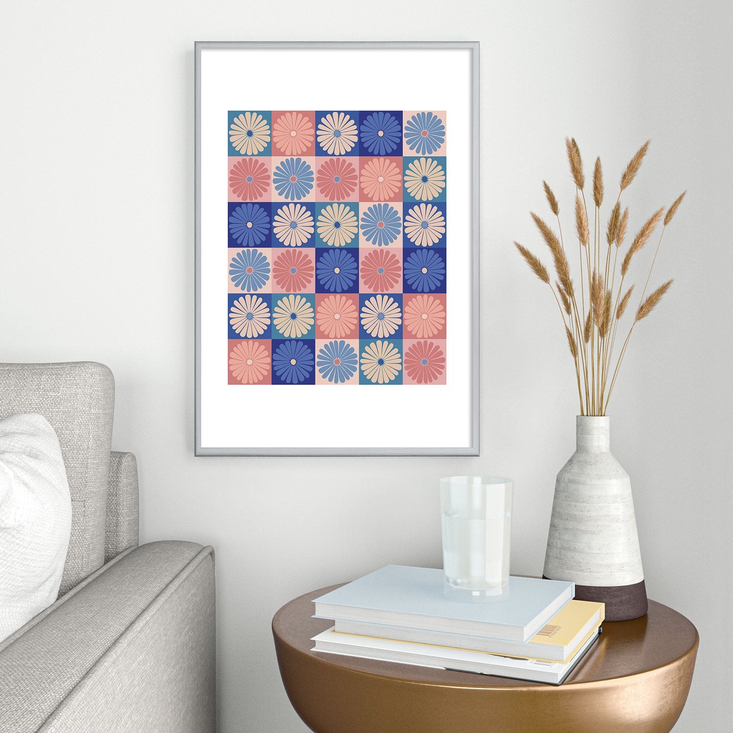 Colour Poems Checker Daisies II Blue Pink Metal Framed Art Print