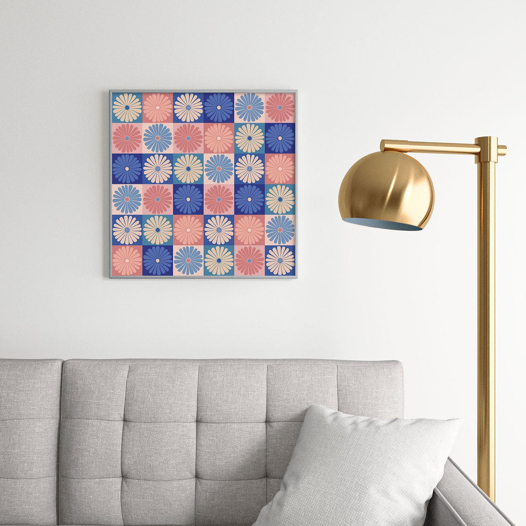 Colour Poems Checker Daisies II Blue Pink Square Metal Framed Art Print