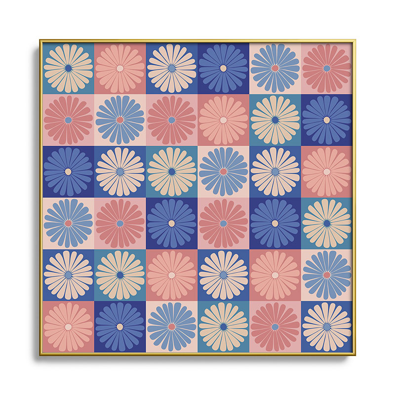Colour Poems Checker Daisies II Blue Pink Square Metal Framed Art Print