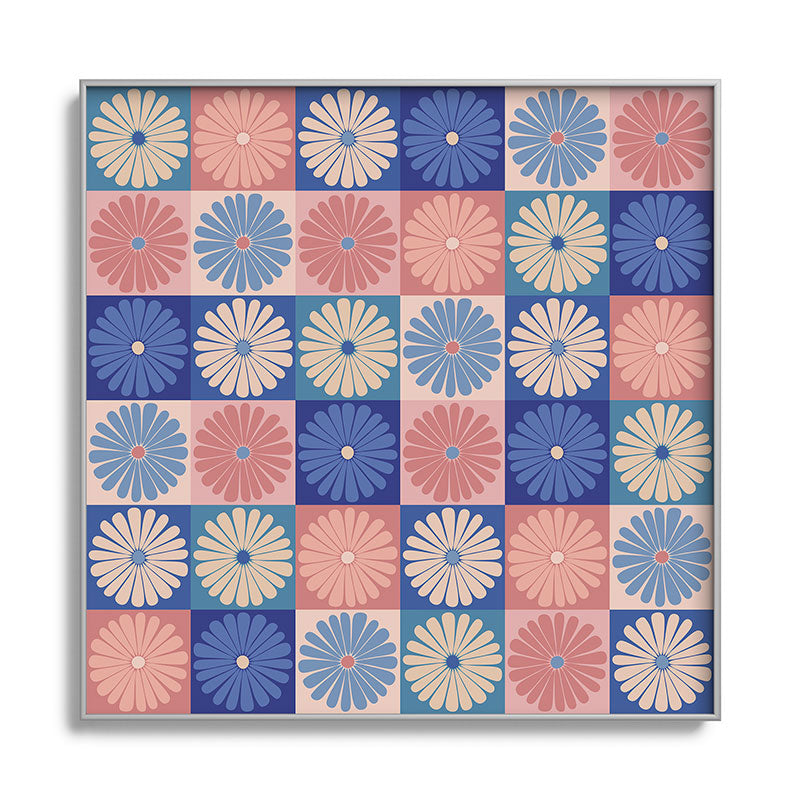 Colour Poems Checker Daisies II Blue Pink Square Metal Framed Art Print