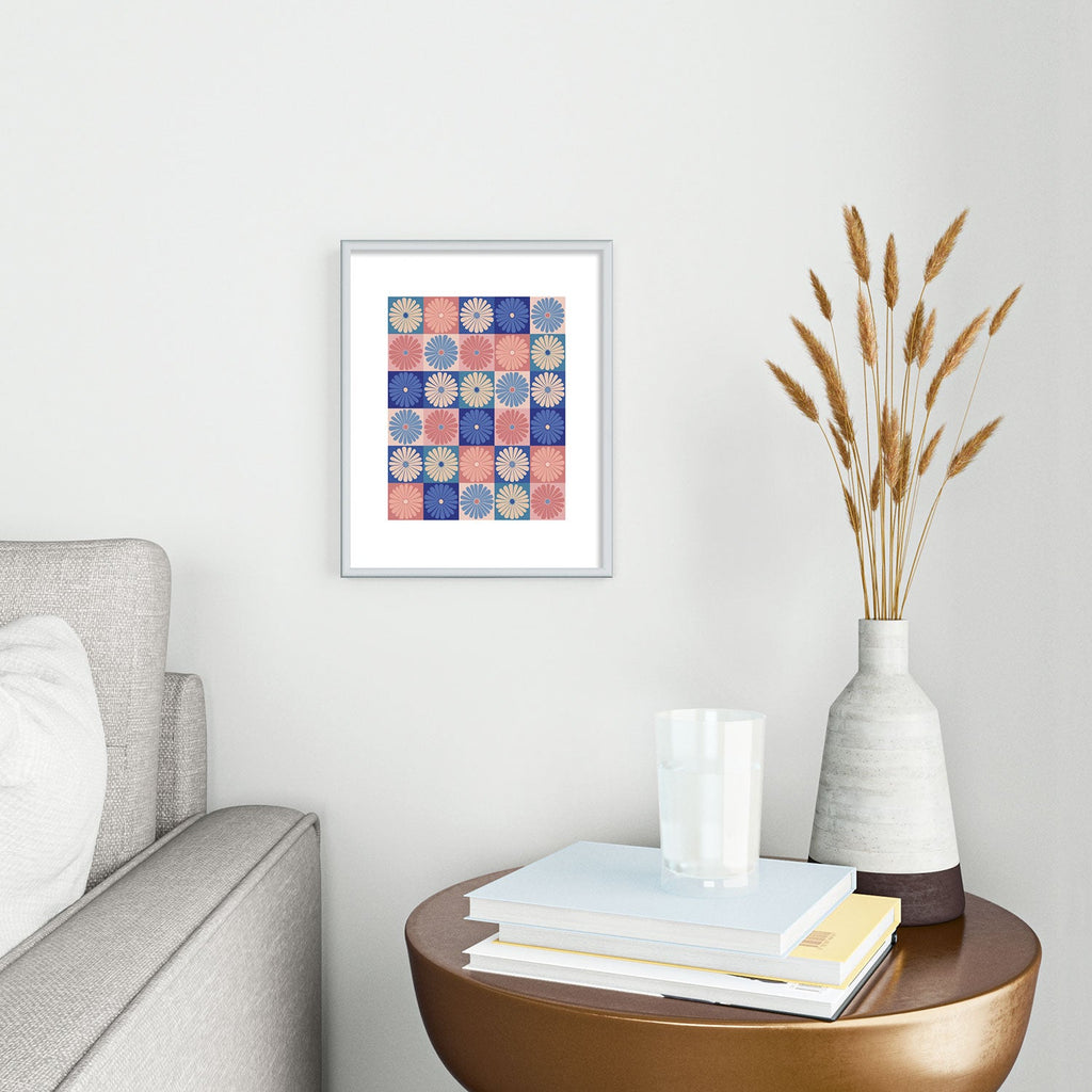 Colour Poems Checker Daisies II Blue Pink Metal Framed Art Print