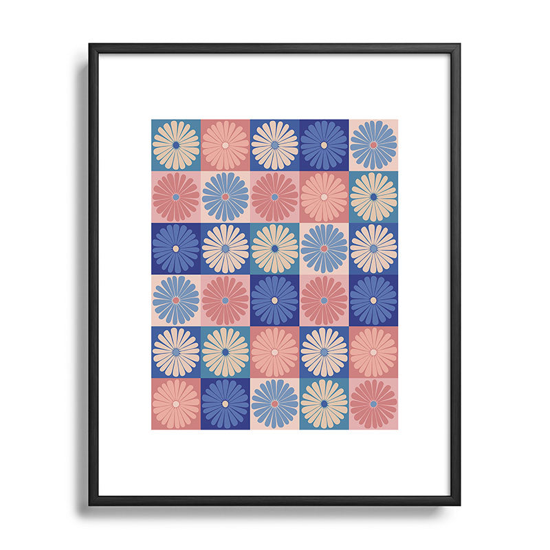 Colour Poems Checker Daisies II Blue Pink Metal Framed Art Print