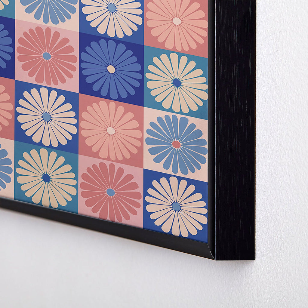 Colour Poems Checker Daisies II Blue Pink Square Metal Framed Art Print