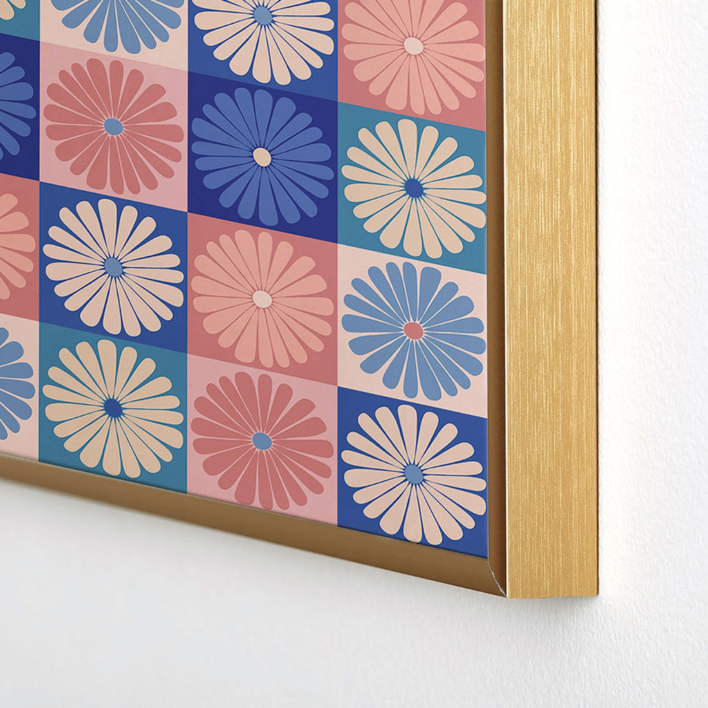 Colour Poems Checker Daisies II Blue Pink Square Metal Framed Art Print