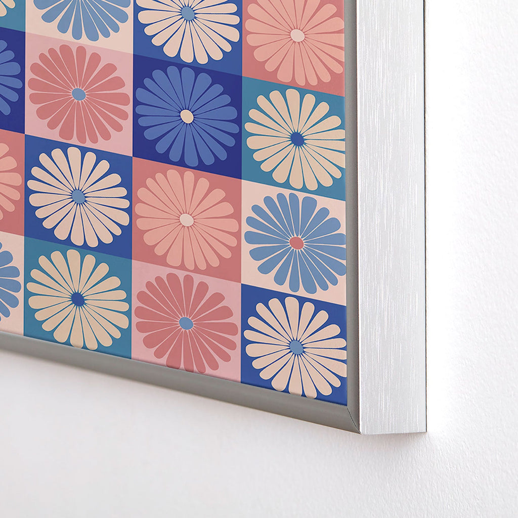 Colour Poems Checker Daisies II Blue Pink Square Metal Framed Art Print