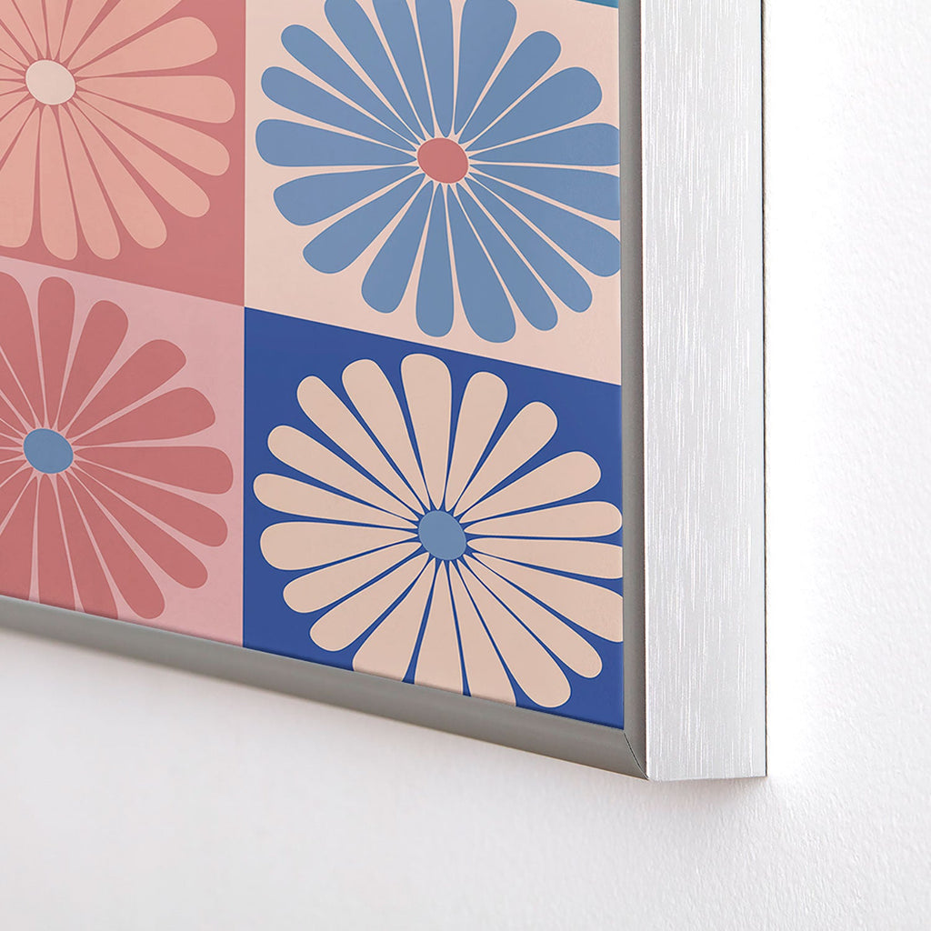 Colour Poems Checker Daisies II Blue Pink Square Metal Framed Art Print