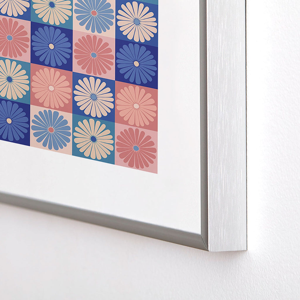 Colour Poems Checker Daisies II Blue Pink Metal Framed Art Print