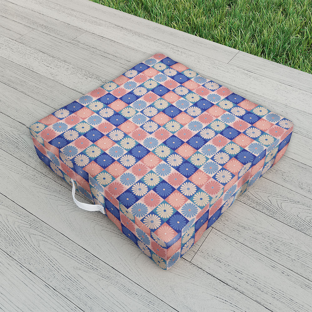 Colour Poems Checker Daisies II Blue Pink Outdoor Floor Cushion