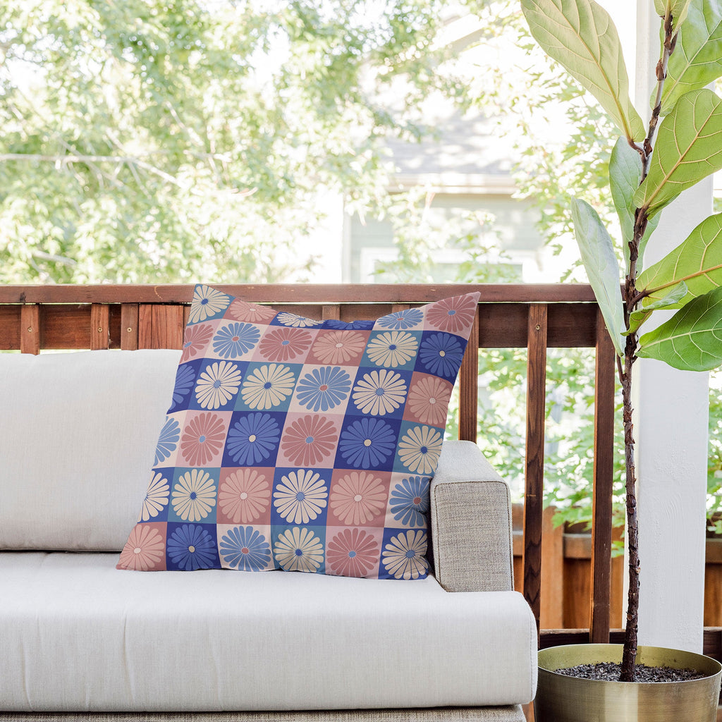 Colour Poems Checker Daisies II Blue Pink Outdoor Throw Pillow