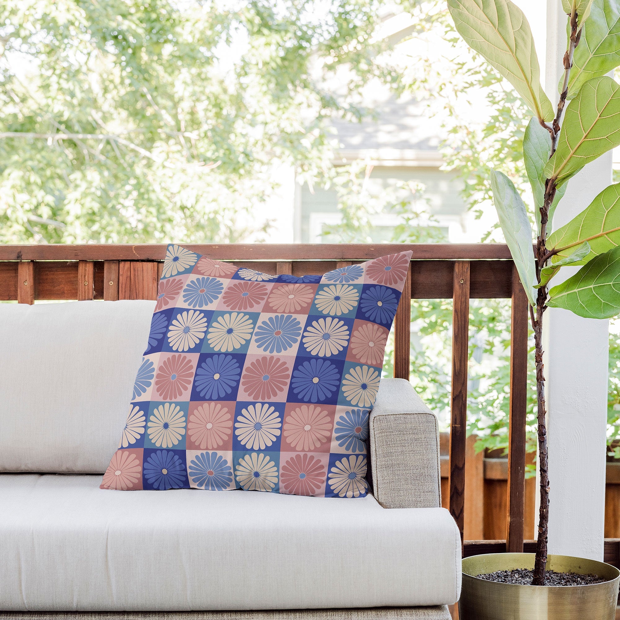 Colour Poems Checker Daisies II Blue Pink Outdoor Throw Pillow