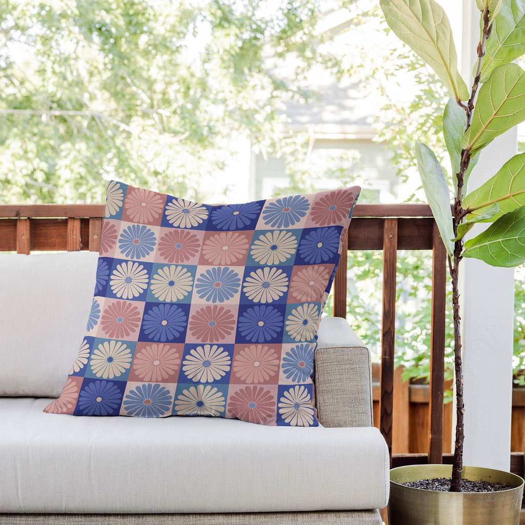 Colour Poems Checker Daisies II Blue Pink Outdoor Throw Pillow