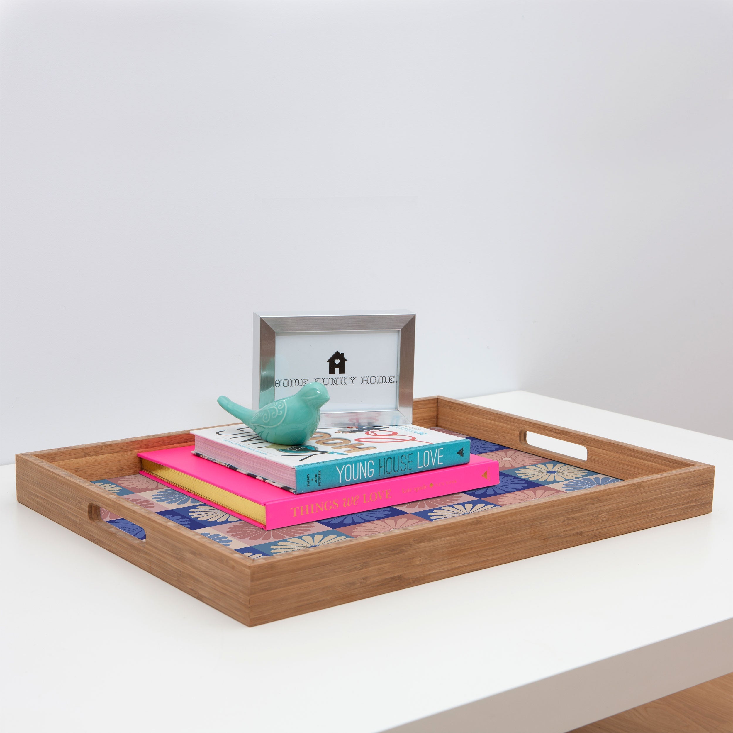 Colour Poems Checker Daisies II Blue Pink Rectangular Tray