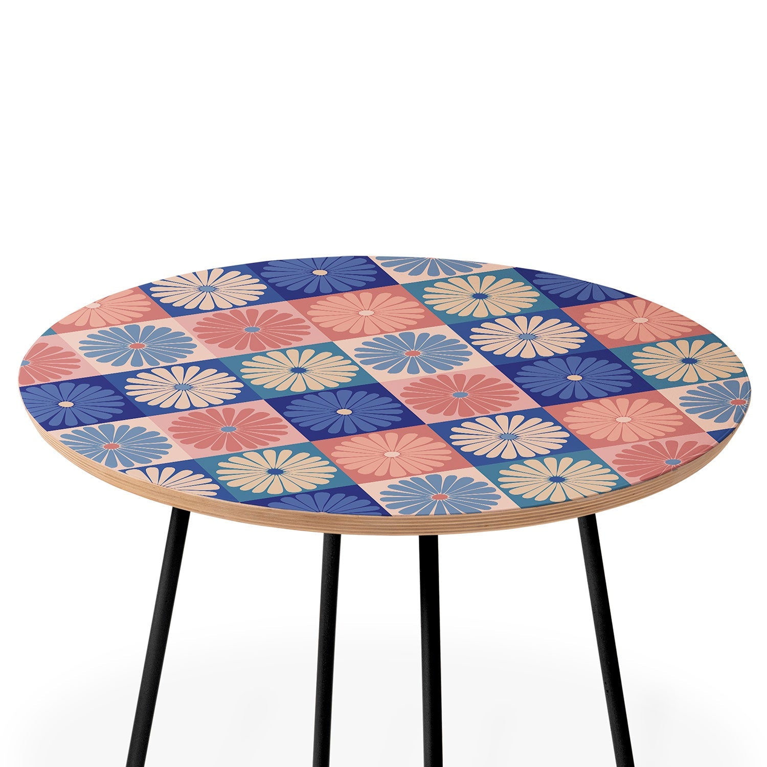 Colour Poems Checker Daisies II Blue Pink Round Side Table