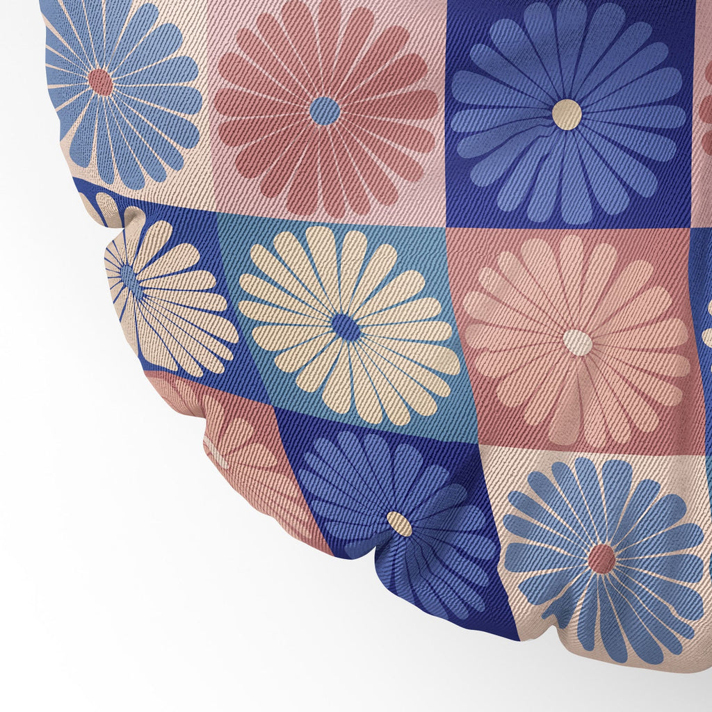 Colour Poems Checker Daisies II Blue Pink Floor Pillow Round