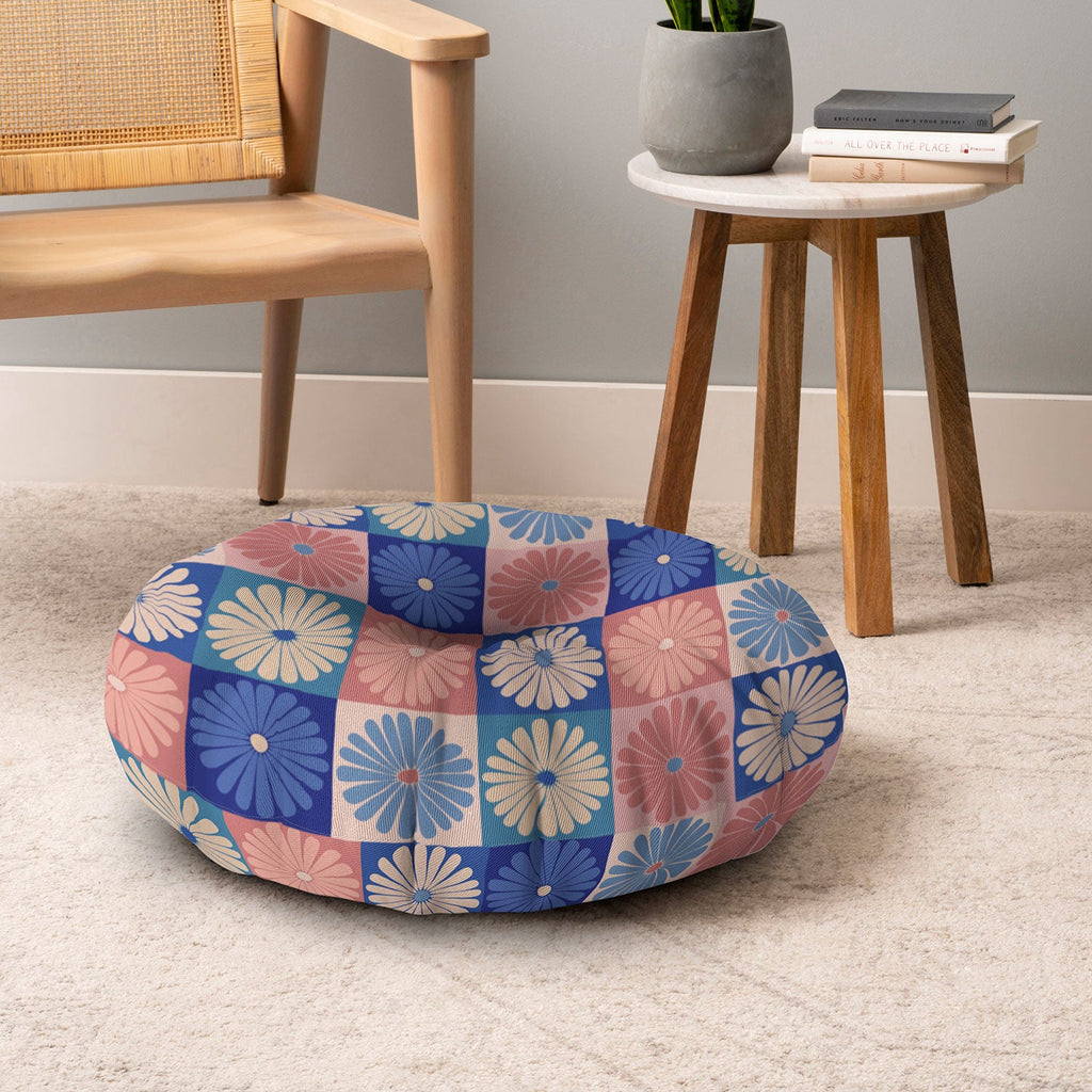 Colour Poems Checker Daisies II Blue Pink Floor Pillow Round