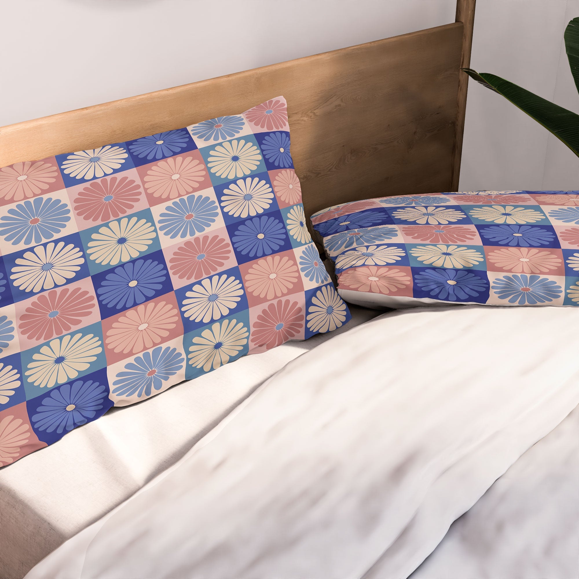 Colour Poems Checker Daisies II Blue Pink Pillow Shams