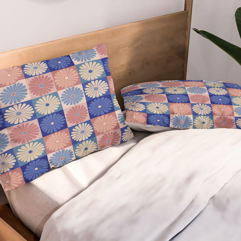 Colour Poems Checker Daisies II Blue Pink Pillow Shams