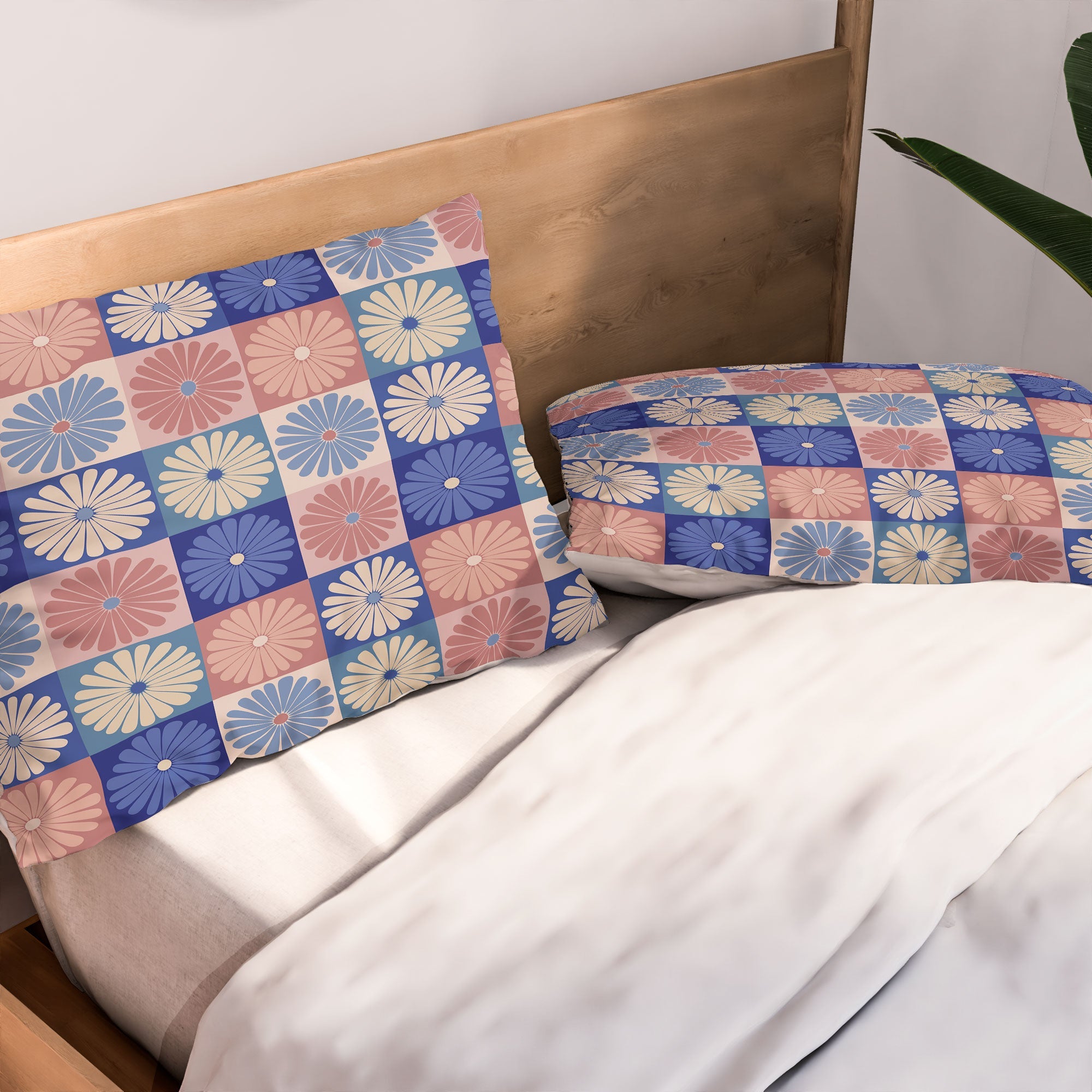 Colour Poems Checker Daisies II Blue Pink Pillow Shams
