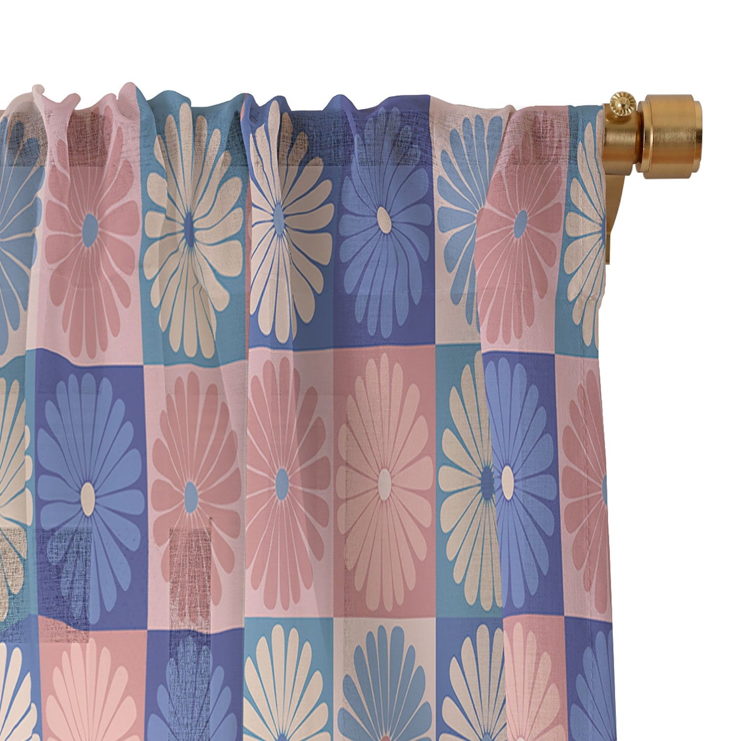 Colour Poems Checker Daisies II Blue Pink Sheer Window Curtain